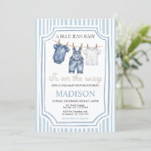 Blue Jean Denim Baby Shower Boy Invitation Einladung (Stehend Vorderseite)