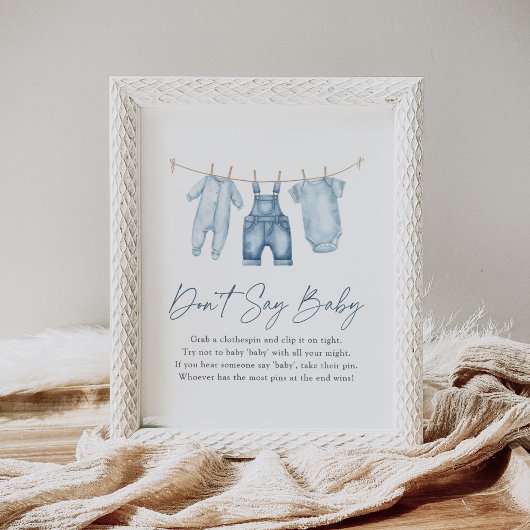 Blue Jean Denim Baby Shower Say Baby Sign Poster