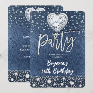 Blue Jean Denim & Bling Diamonds Geburtstagsparty Einladung