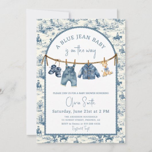 Blue Jean Denim Boy Baby Shower Einladung (Vorderseite)
