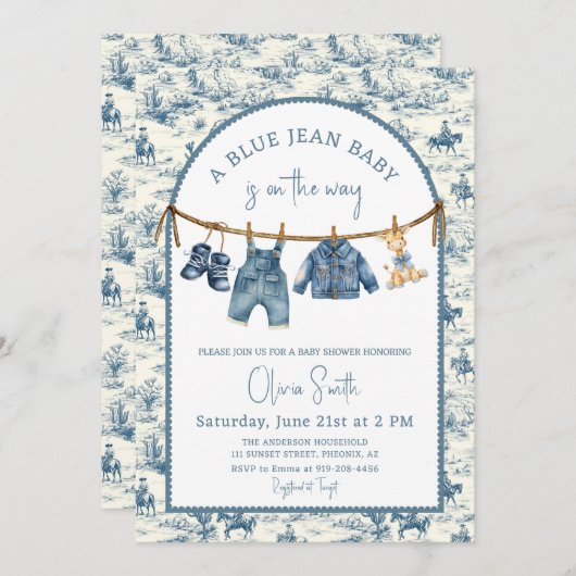 Blue Jean Denim Boy Baby Shower Einladung (Vorne/Hinten)