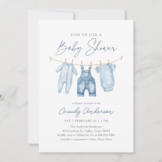 Blue Jean Denim Boy Baby Shower Einladung (Vorderseite)
