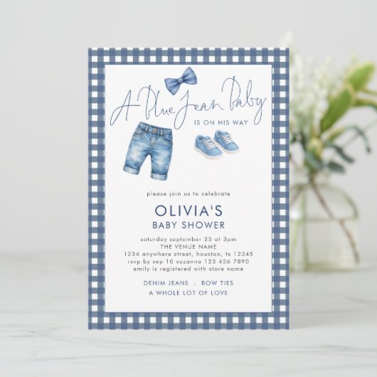 Blue Jean Denim Boy Gingham Baby Shower Einladung (Stehend Vorderseite)