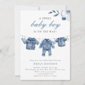 Blue Jean Denim Clothes Boy Baby Shower Einladung (Vorderseite)