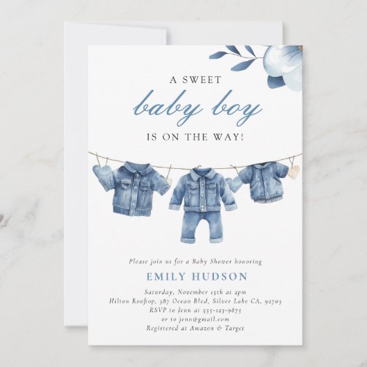 Blue Jean Denim Clothes Boy Baby Shower Einladung (Vorderseite)