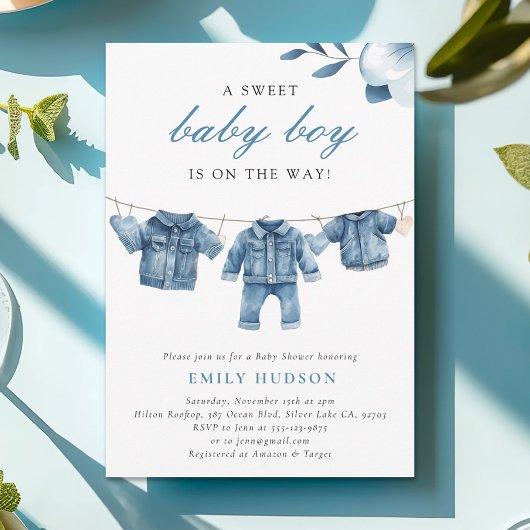 Blue Jean Denim Clothes Boy Baby Shower Einladung