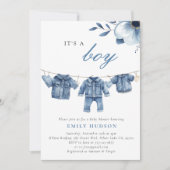 Blue Jean Denim Clothes Boy Baby Shower Einladung (Vorderseite)