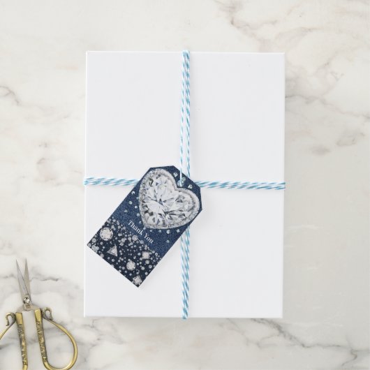 Blue Jean Denim & Diamonds Bling Diamond Herz Geschenkanhänger (Mit Garn)