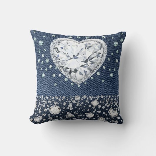 Blue Jean Denim & Diamonds Bling Diamond Herz Kissen (Vorderseite)