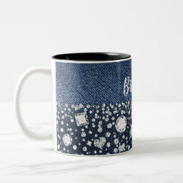 Blue Jean Denim & Diamonds Bling Diamond Herz Zweifarbige Tasse