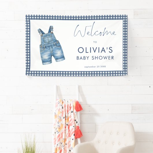 Blue Jean Denim Gingham Boy Welcome Baby Shower  Banner (Insitu)