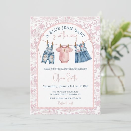Blue Jean Denim Girl Baby Shower Einladung (Stehend Vorderseite)
