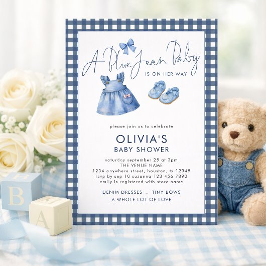 Blue Jean Denim Girl Gingham Baby Shower  Einladung