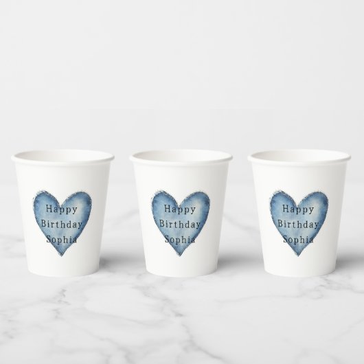 Blue Jean Denim Heart Birthday Pappbecher (Multi)
