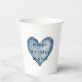 Blue Jean Denim Heart Birthday Pappbecher (Vorderseite)
