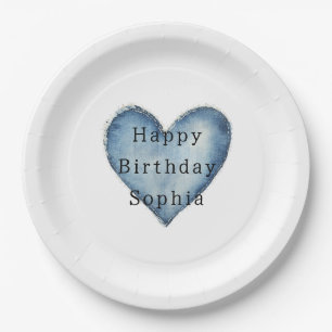Blue Jean Denim Heart Birthday Pappteller