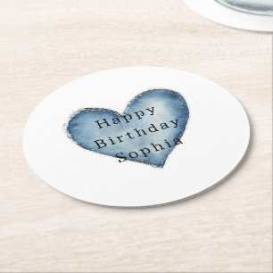 Blue Jean Denim Heart Birthday Runder Pappuntersetzer