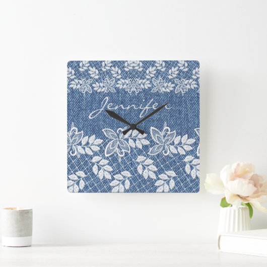 Blue Jean Denim Lace Wall Clock Quadratische Wanduhr (Zuhause)