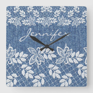 Blue Jean Denim Lace Wall Clock Quadratische Wanduhr