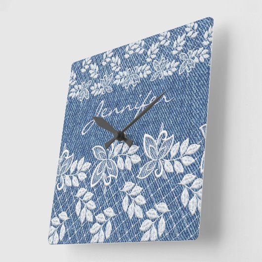 Blue Jean Denim Lace Wall Clock Quadratische Wanduhr (Winkel)