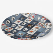 Blue Jean Denim Patchwork Skulls und Florals Pappteller (Schrägansicht)