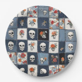 Blue Jean Denim Patchwork Skulls und Florals Pappteller (Vorderseite)