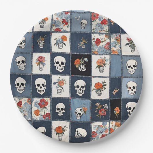 Blue Jean Denim Patchwork Skulls und Florals Pappteller (Vorderseite)