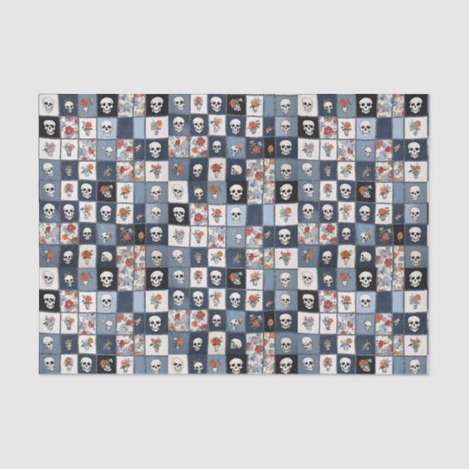 Blue Jean Denim Patchwork Skulls und Florals Seidenpapier (Vorderseite)