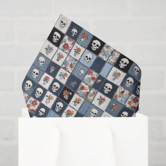 Blue Jean Denim Patchwork Skulls und Florals Seidenpapier