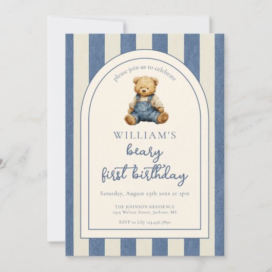 Blue Jean Denim Teddy Bear 1st Birthday Einladung (Vorderseite)