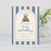 Blue Jean Denim Teddy Bear 1st Birthday Einladung (Stehend Vorderseite)