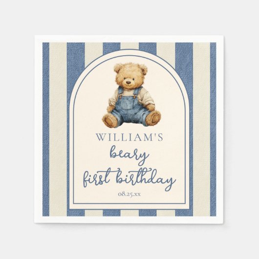 Blue Jean Denim Teddy Bear 1st Birthday Serviette (Vorderseite)