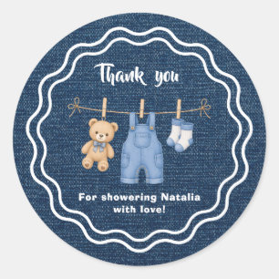 Blue Jean Denim Teddy Bear Baby Shower Dankeschön Runder Aufkleber