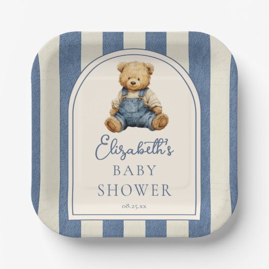 Blue Jean Denim Teddy Bear Baby Shower Pappteller (Vorderseite)