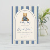 Blue Jean Denim Teddy Bear Boy Baby Shower Einladung (Stehend Vorderseite)