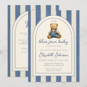 Blue Jean Denim Teddy Bear QR Code Baby Shower Einladung (Vorne/Hinten)