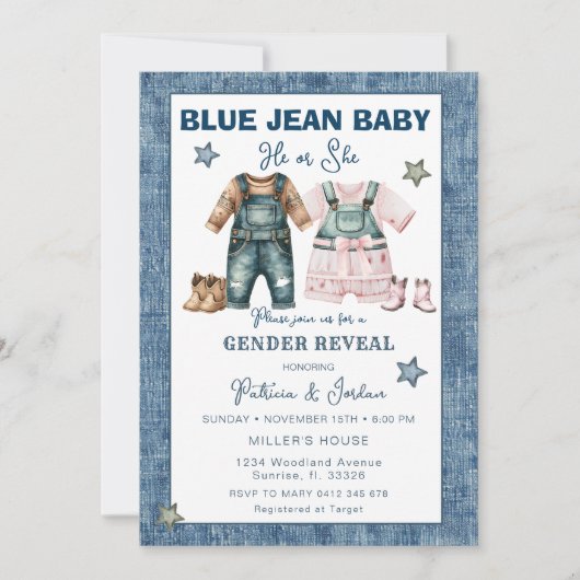 Blue Jean Gender Reveal, He or She Einladung (Vorderseite)