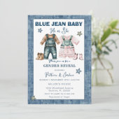 Blue Jean Gender Reveal, He or She Einladung (Stehend Vorderseite)