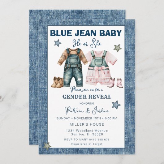 Blue Jean Gender Reveal, He or She Einladung (Vorne/Hinten)
