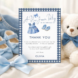 Blue Jean Gingham Thank You Girl Baby Shower Karte