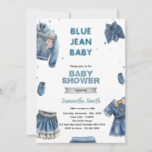 Blue jean girl baby shower invitation einladung (Vorderseite)