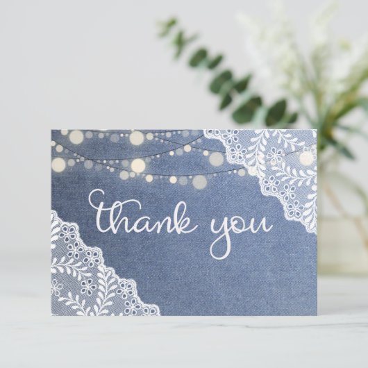 Blue Jean Lace & String Lights Dankeskarte (Stehend Vorderseite)