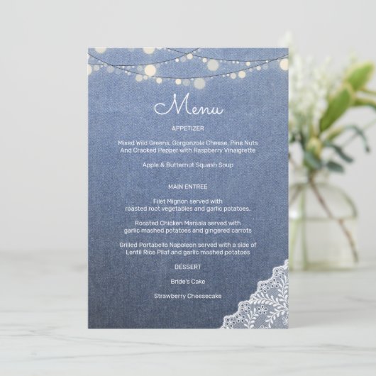 Blue Jean Lace String Lights Einladung (Stehend Vorderseite)