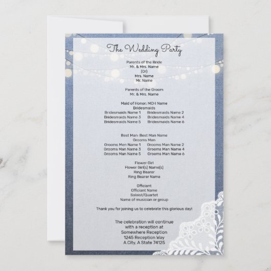 Blue Jean, Lace String Lights Zeremony Program Einladung (Rückseite)