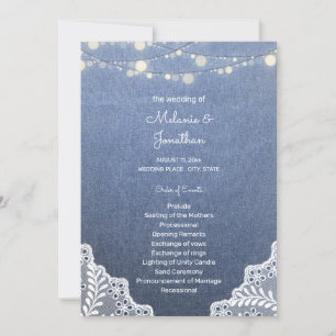 Blue Jean, Lace String Lights Zeremony Program Einladung