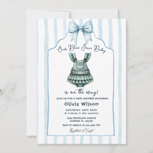 Blue Jean mit Bow Baby Dusche Einladung (Vorderseite)