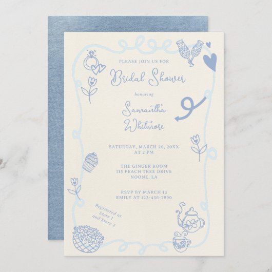 Blue Jean Scene Doodle Brautparty Einladung (Vorne/Hinten)