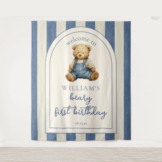 Blue Jean Teddy Bear 1st Birthday Photo Backdrop Wandteppich (Vorderseite)