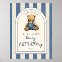 Blue Jean Teddy Bear 1st Birthday Welcome Sign