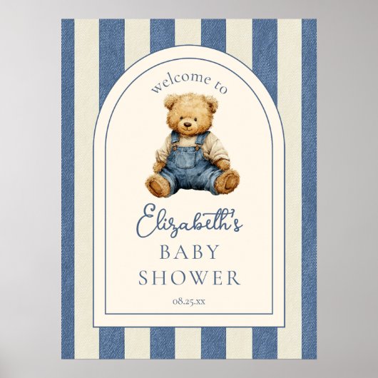 Blue Jean Teddy Bear Baby Shower Welcome Sign Poster (Vorne)